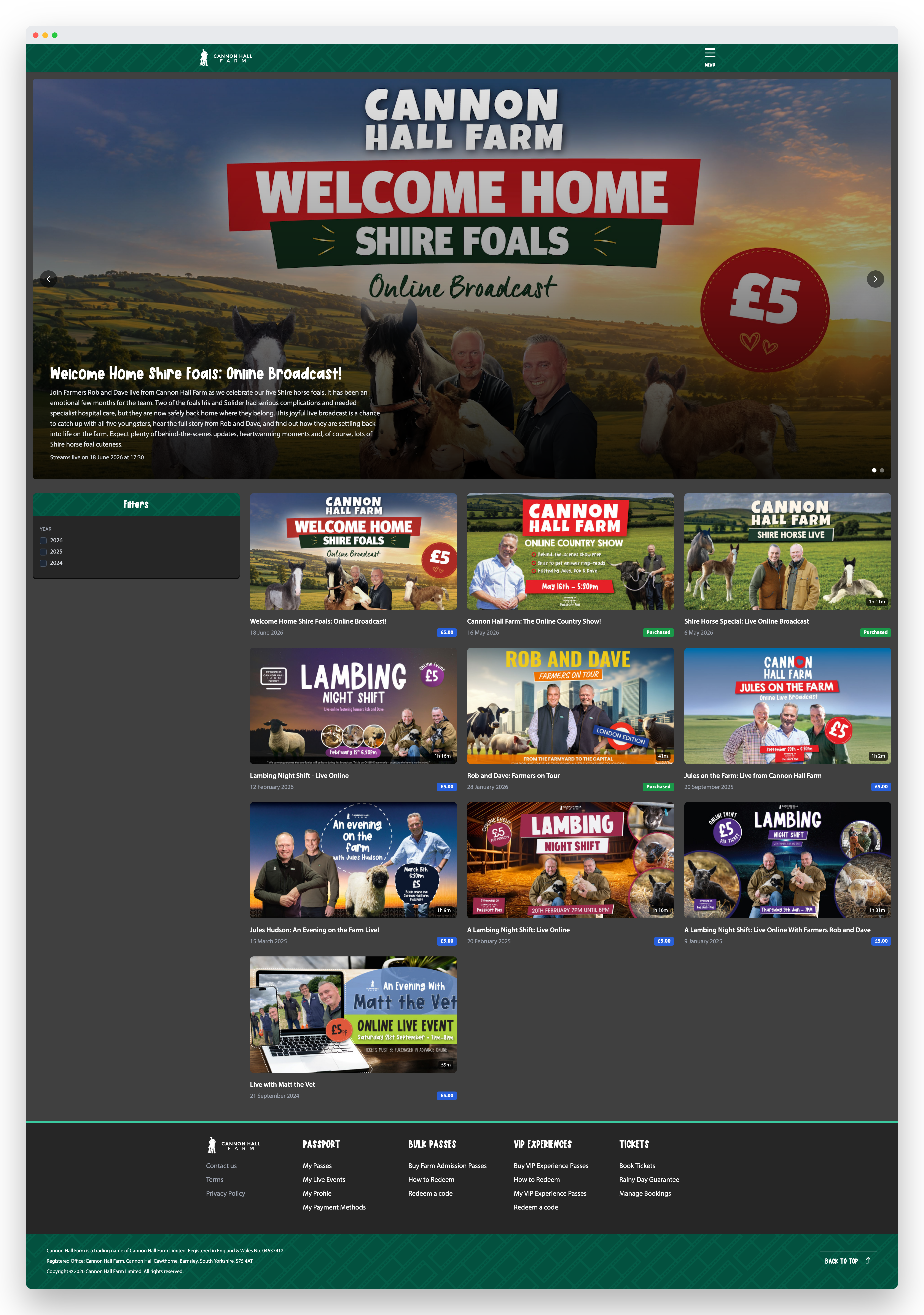 The Passport video platform — a library of live broadcasts and on-demand catch-up, each one ticketed, filterable by year and watchable inside the customer&rsquo;s account.